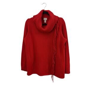 Chicos Red Sweater Cowl Neck Fringe Detail Long Sleeve Cotton Blend Christmas L